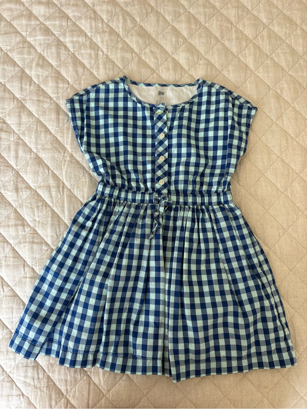 Primary Navy and Light Blue Gingham Tie-Waist Dress